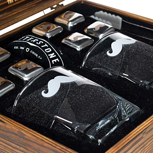 Atterstone Whiskey Glass Box Set Includes 2 Glasses, 8 Chilling Stones, Storage Bag, Silicone-Ended Tongs, and Wood Box with Etched interior, Gift Box Set