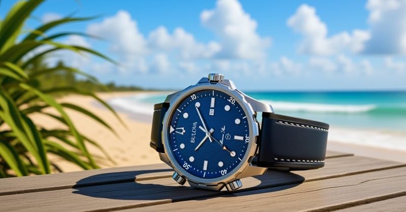 Bulova Men's Marine Star Quartz Silver Stainless Steel Watch, Leather and Silicone Strap, 100M Water Resistant, 43mm