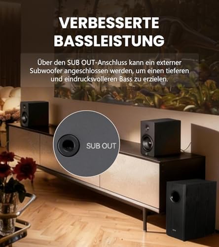 M90 Regal-Lautsprecher, 100 W RMS Desktop-Lautsprecher, Hi-Res-Audio, LDAC, Bluetooth 6.0, kompakter Lautsprecher, HDMI eARC/optischer/USB-C/AUX-Eingang, SUB Out, Aktivlautsprecher – Schwarz