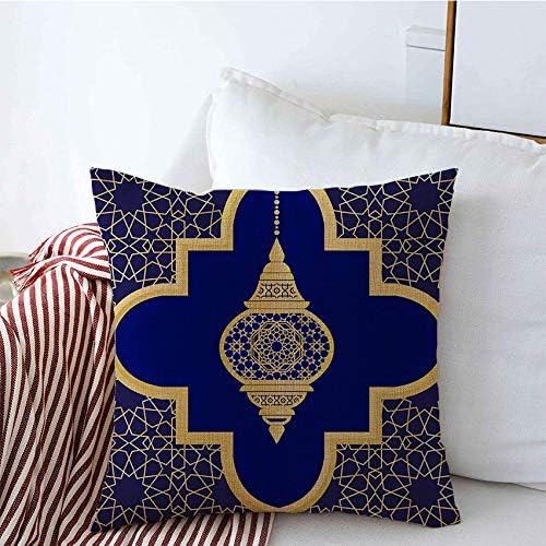 Decorative Throw Pillow Cushion Covers for Sofa Design Ornate Banner with Lattice Ramazan Blue in Morrocan Template Traditional Ornament Holidays Linen Couch Square Pillow Cases 16x16 Inch