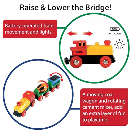 BRIO World Battery Operated Action Train - Motorized for Wooden Tracks - Kids Electric Set - Includes Moving Coal Wagon & Rotating Cement Mixer - Compatible with All Sets - Kids Ages 3 & Up