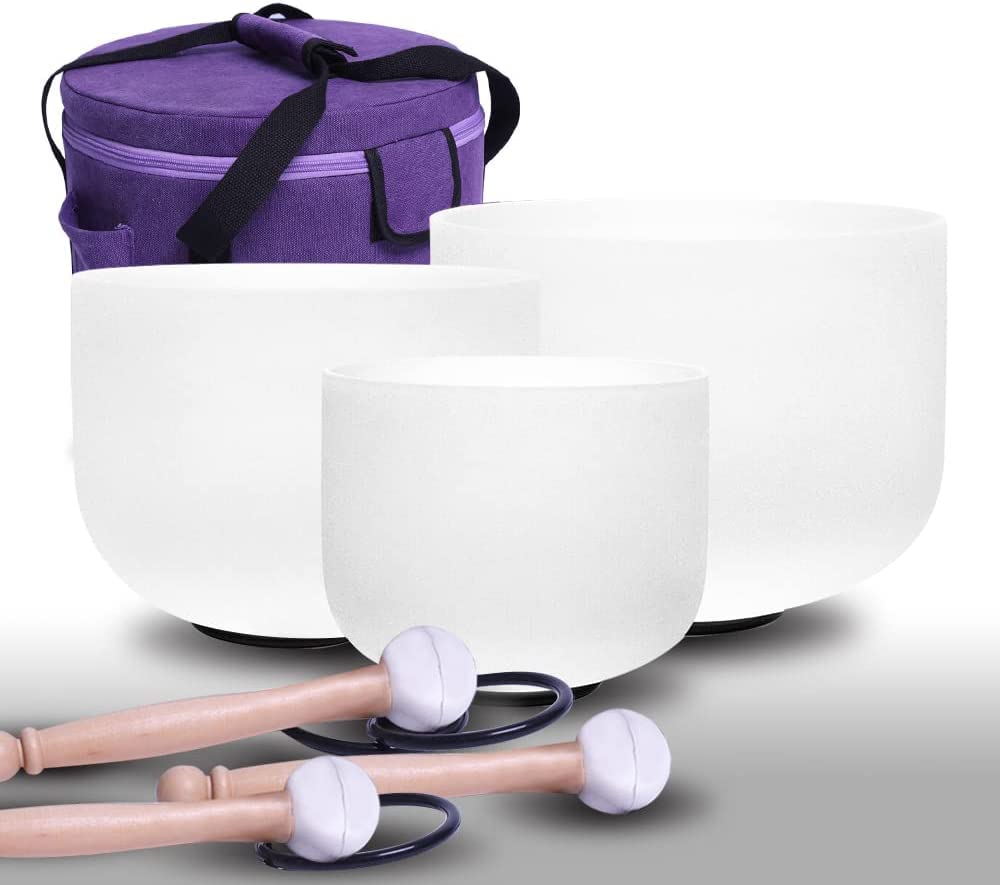 ENERGYSOUN 432 Hz Perfect Pitch Chakra Tuned Set of 12" C 10"E 8 G 6 B Frosted Quartz Crystal Singing Bowls