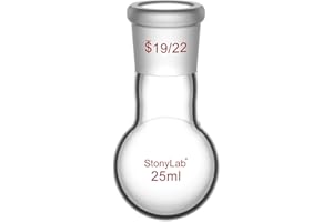 StonyLab Glass 25mL Heavy Wall Single Neck 1 Neck Round Bottom Flask RBF, with 19/22 Standard Taper Outer Joint - 25mL