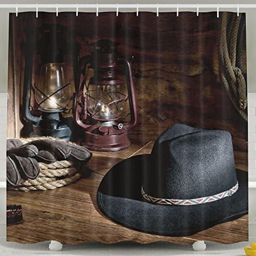 XsWu Western American Rodeo Equipment With Cowboy Felt Hat Ranching Tools Lanterns Shower Curtain Bath Curtain With Hooks 60x72"