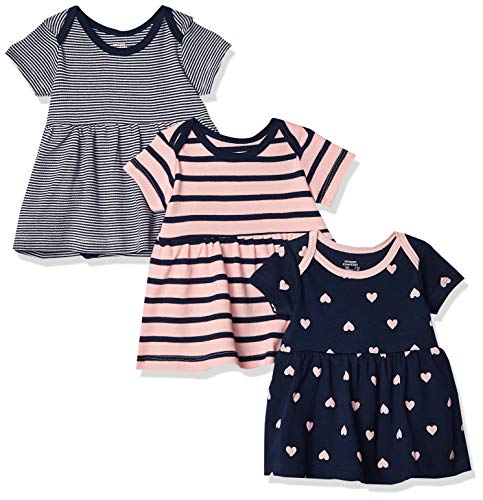 Amazon Essentials Baby Girls' Short-Sleeved Body Dress, Pack of 3, Navy/Pink Stripes/Hearts, Premature
