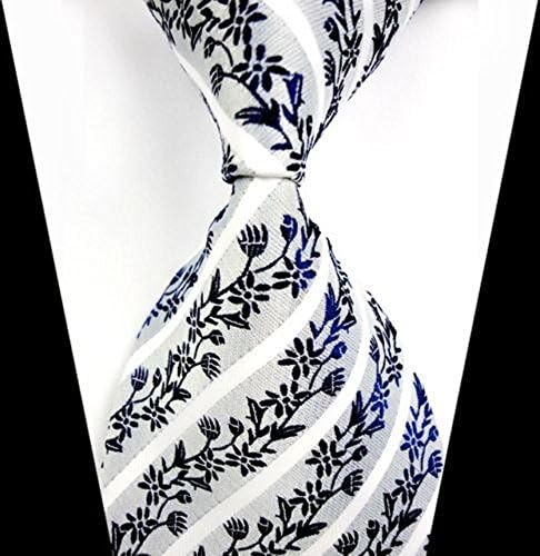 Ramakini - Blue&amp;White Floral JACQUARD WOVEN 100% Silk Men's Tie Necktie