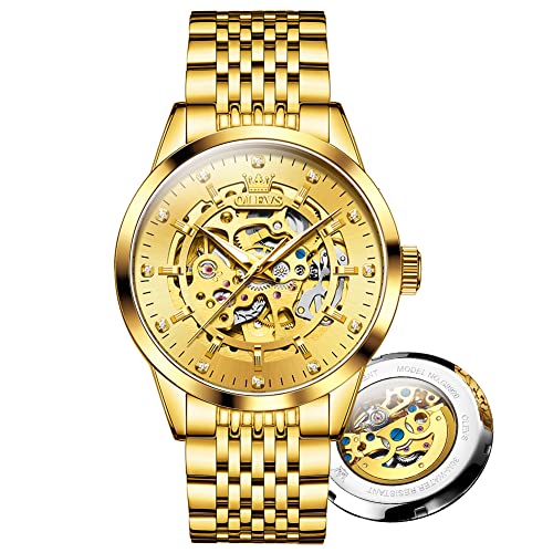 OLEVS Men's Automatic Watch, Luxury Skeleton Large Face Roman Numerals Self Winding Watch, Gold Silver Stainless Steel Watches for Men