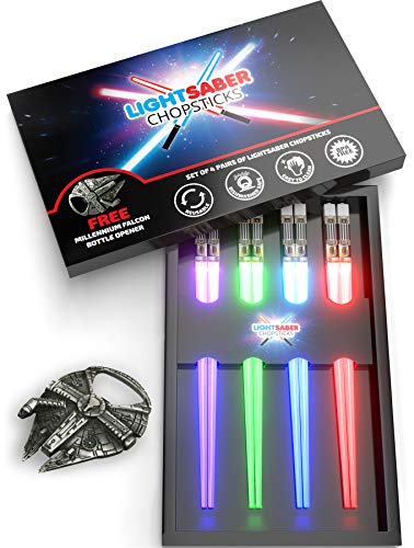 Lightsaber Chopsticks | Star Wars Gifts and Toys for Kids | LED Light Up Reusable Dishwasher Safe Chopstick | Fun Kitchen and Sushi Accessories | Chop Sticks Light Saber | 4 PAIRS & FREE BOTTLE OPENER