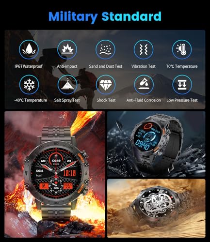 FOXBOX Smart Watch for Men, 1.39" Military Smartwatch with SpO2, Sleep Monitor, 24H Heart Rate, Tactical Fitness Watch, 100+ Sports, IP67 Waterproof, Make/Answer Call, 400 mAh, 300+ Watch Face, Black