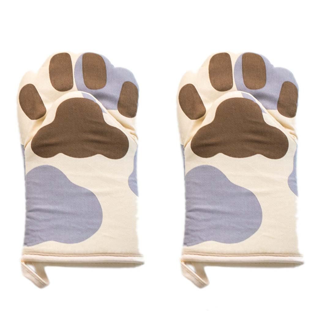 1 Pair Oven Gloves Cute Cat Paw Design Heat Resistant Microwave Mittens Thick Cotton Lining Cooking Baking Potholder Gloves BBQ Grilling Kitchen Tool (Gray Cat Paw Short)