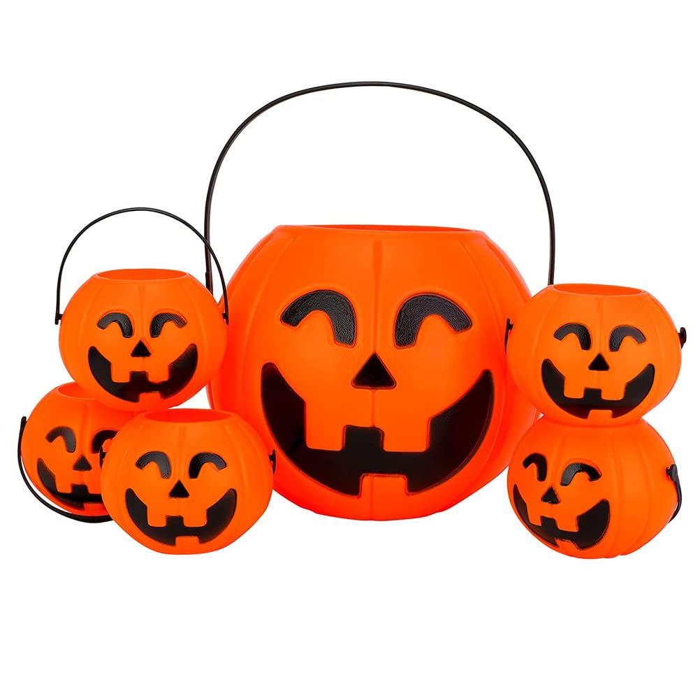 Photo 1 of Homoyoyo 6 Pack Halloween Pumpkin Candy Bucket, Small Plastic Basket with Handle, Halloween Pumpkin Lantern Candy Bucket Plastic Pumpkins Halloween Bucket for Candy Orange 6.29IN*1+2.76IN*5