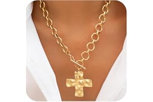 CHESKY 14K Gold Plated Chunky Necklace for Women, Trendy Paperclip Chain Necklace Thick Cross Heart Pendant Necklace Layered Herringbone Cuban Link Chain Toggle Necklaces Non Tarnish Jewelry