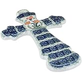 Blue Rose Polish Pottery - Blue Peach Posy Cross - 7.75" x 4.5" - Hand-Painted Polish Pottery Ceramic Wall Cross