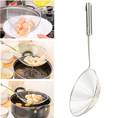Hiware Set of 3 Stainless Steel Skimmer Strainer, 13.8 Inches, 14.8 Inches & 16.4 Inches, Wire Skimmer with Spiral Mesh, Professional Grade Handle Skimmer Spoon/Ladle for Spaetzle / Pasta / Chips