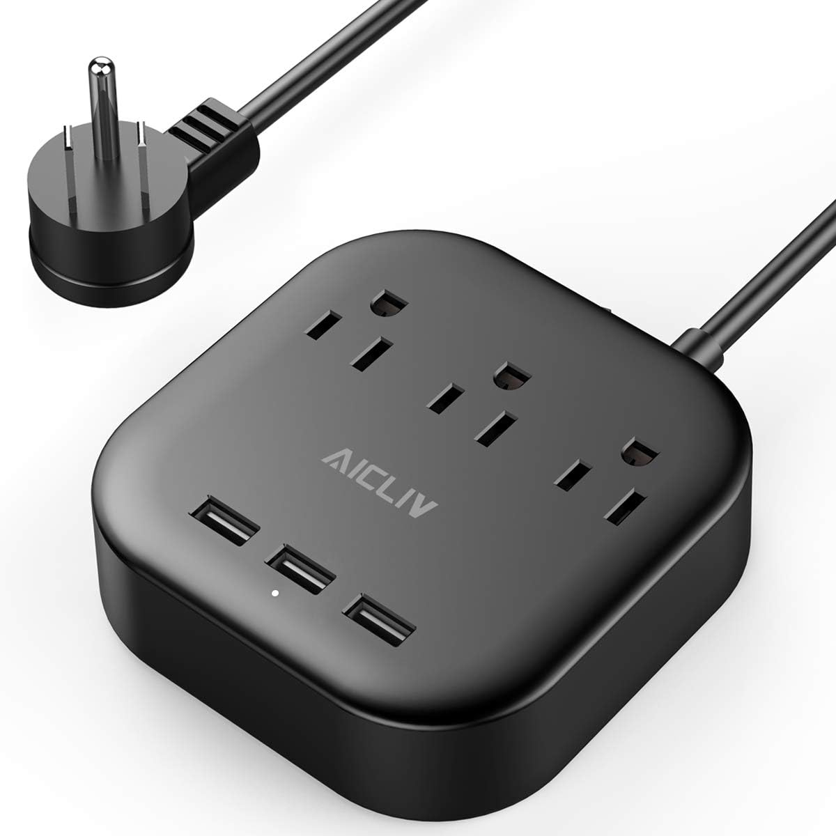 Power Strip with USB, Aicliv Desktop Charging Station with 3 Outlet and 3 USB Ports, Flat Plug, 5ft Extension Cord, Multi Outlet Extender for Hotels, Dorm Room, Cruise Ship and Home, 1625W/13A, Black