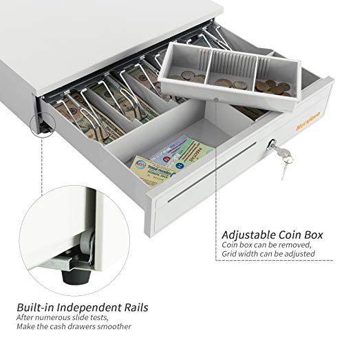 Nurxiovo Cash Register Drawer Box 16 Inch for Point of Sale (POS) System 5Bill/5Coin Money Lock Storage with Removable Tray, RJ11/RJ12 Interface Works Compatible POS Printers Cash Box (White)