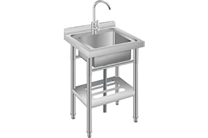 Single Bowl Utility Sink with Under Drain Rack, Free Standing Stainless Steel Kitchen Sink with Cold and Hot Water Pipes, Fau
