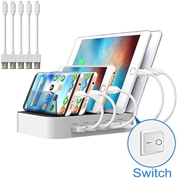 Multi Device Charging Station with Switch JZBRAIN 5 Ports Total 40W for Apple Samsung etc Cellphones and Tablets (White, 5 Short Cables Included)