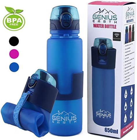 Genius Earth Foldable Water Bottle - Collapsible, Portable, Silicone Drink Bottle for Hiking, Sports & Travel. Lightweight, Reusable Bottles for Men, Women and Kids. BPA Free. 22oz
