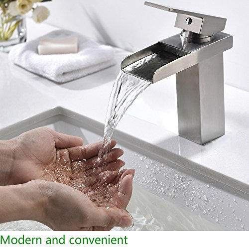 Lead-free Best Comercial Modern One Hole Single Handle Lavatory Vanity Brushed Nickel Waterfall Bathroom Sink Faucet,Bathroom Faucets Spout Simple Mount