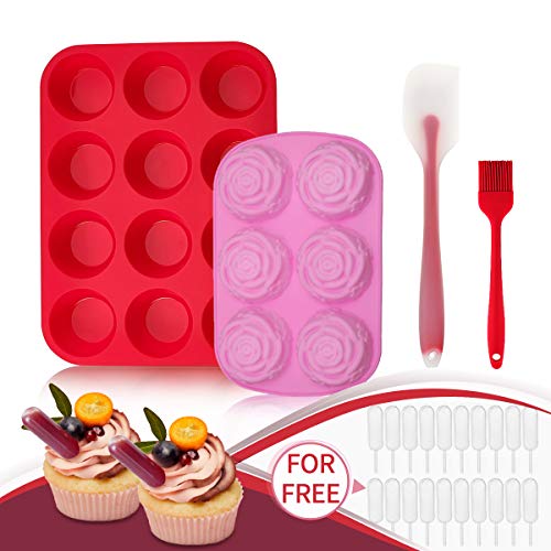 Silicone Muffin Pan and Cupcake Pans & Flower Chocolate Mold - Jeteven Large 12 Cup Muffins Tray,Fat Bombs Ice Cube,Jelly,Cupcake Baking Mold with 1x Spatula,1x Brush,20x Cupcake Pipettes