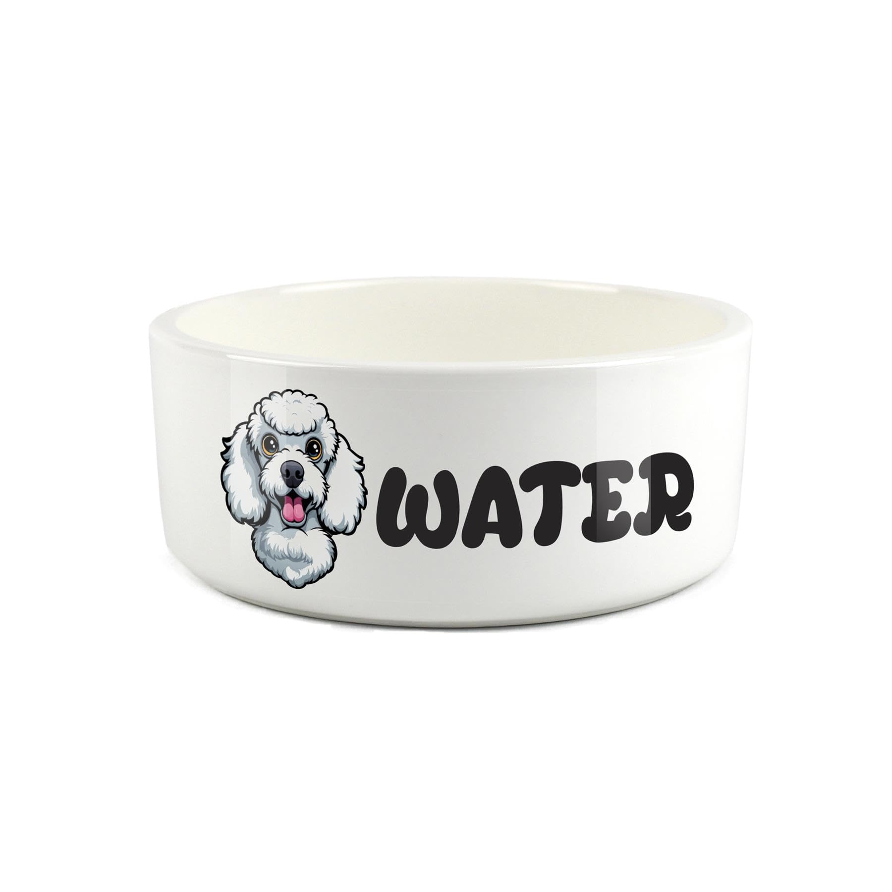 Poodle Pet Bowl - Cartoon Dog Portrait Large Ceramic Water Bowl - Novelty White Water Dish For Dogs