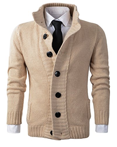 Beninos Men's Button Point Stand Collar Knitted Slim Fit Cardigan Sweater (CYMY Khaki,L)