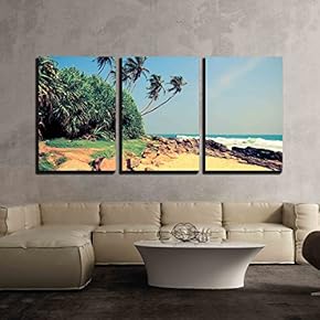 3 Piece Canvas Wall Art - Tropical Beach with Palm in Sri Lanka. Vintage Effect - Modern Home Art Stretched and Framed Ready to Hang - 16"x24"x3 Panels