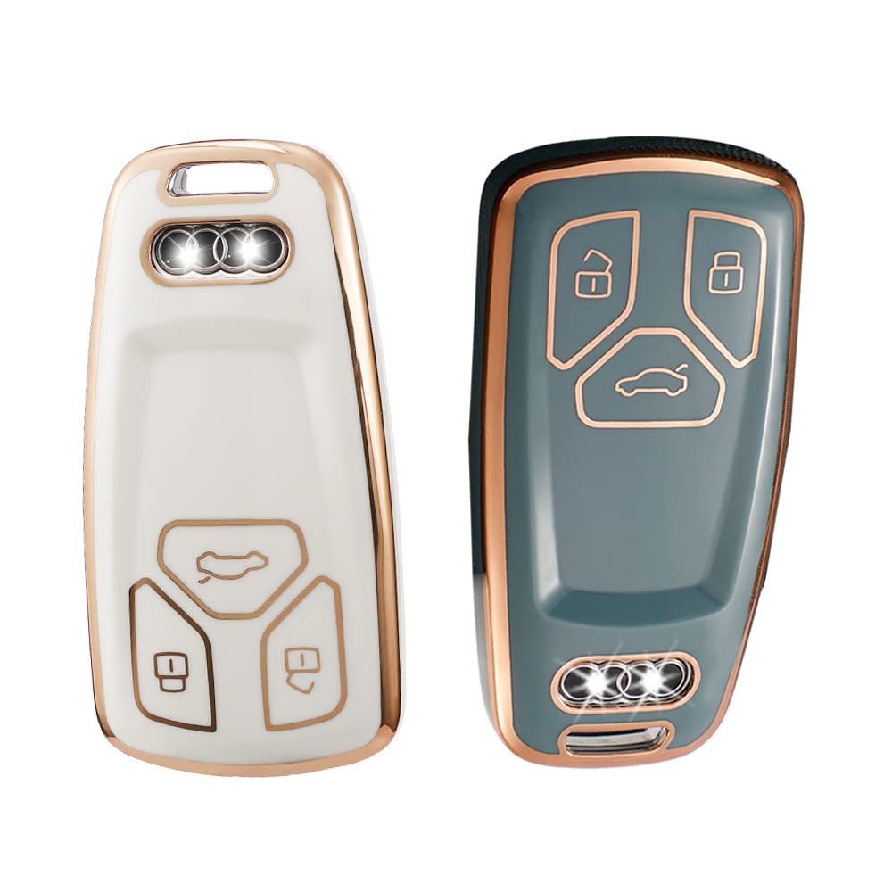 RYE 2Pack TPU Car Key Fob Cover for Audi，3 Buttons Remote Control Smart Key Case with Leather Keychain, Compatible with Audi A4/A5/Q7/Q5/TT/TTS/S4,etc-Blue&White