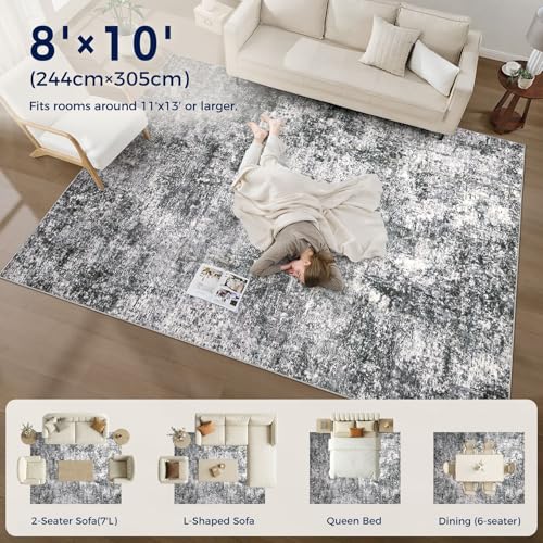 DMOYEST Area Rug Living Room Rugs - 8x10 Large Soft Indoor Neutral Modern Abstract Low Pile Washable Rug Carpet for Bedroom Dining Room Farmhouse Home Office - Grey