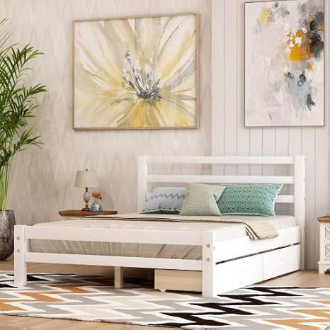 Cama de plataforma dupla com duas gavetas de armazenamento, moldura de  madeira Baysitone com suporte para cabeceira/tábuas de madeira/sem  necessidade de mola/montagem fácil Full Branco | Amazon.com.br