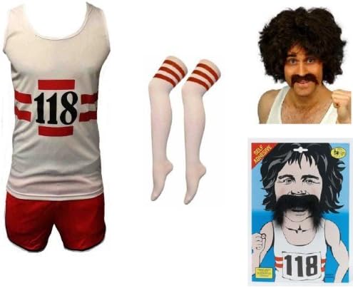 118 118 Marathon Runner Set Vest Shorts Socks Wig Tash Moustache Mens Fancy Dress Costume Five Peice Set Adult size Medium-Large M/L(1StopClothingCo) by The1StopPartyShop