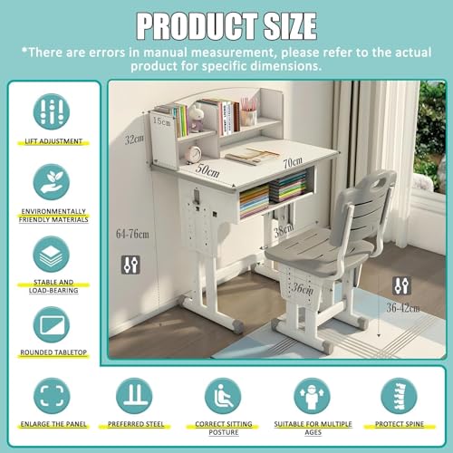Kids Desk and Chair Set, Height Adjustable Children Study Desk Chair Set, Multi Functional Student Writing Desk Table with Drawer Bookstand, Ergonomic Student Learning Table Desk Chair for Girl Boy