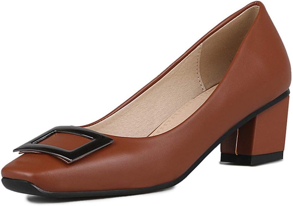 Women's Rhinestone Chunky Block Mid Heel Pump Square Toe Office Slip-On Work Office Dress Shoes