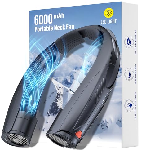 Gentsvip Portable Neck Fan with Reading Light, 6-Speed Wearable Fan, 6000mAh USB-C Rechargeable Hands Free Fan, Summer Gifts for Men Women, for World Cup, Outdoor Work, Travel, Camping - Black