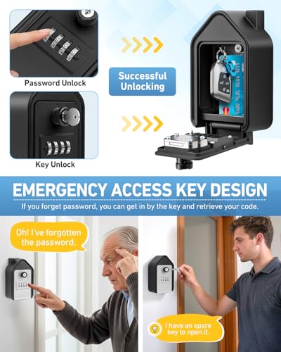 JUYANO Key Box, Large Secured Outdoor Key Box with 4 Code & Emergency Keys Aluminium Alloy Wall Key Box for School Garage Airbnb (Black)