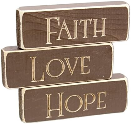 Heartwood Hollow Set of 3 5" x 1.5" Inspirational Engraved Wood Block Signs (Faith Love Hope - Brown)
