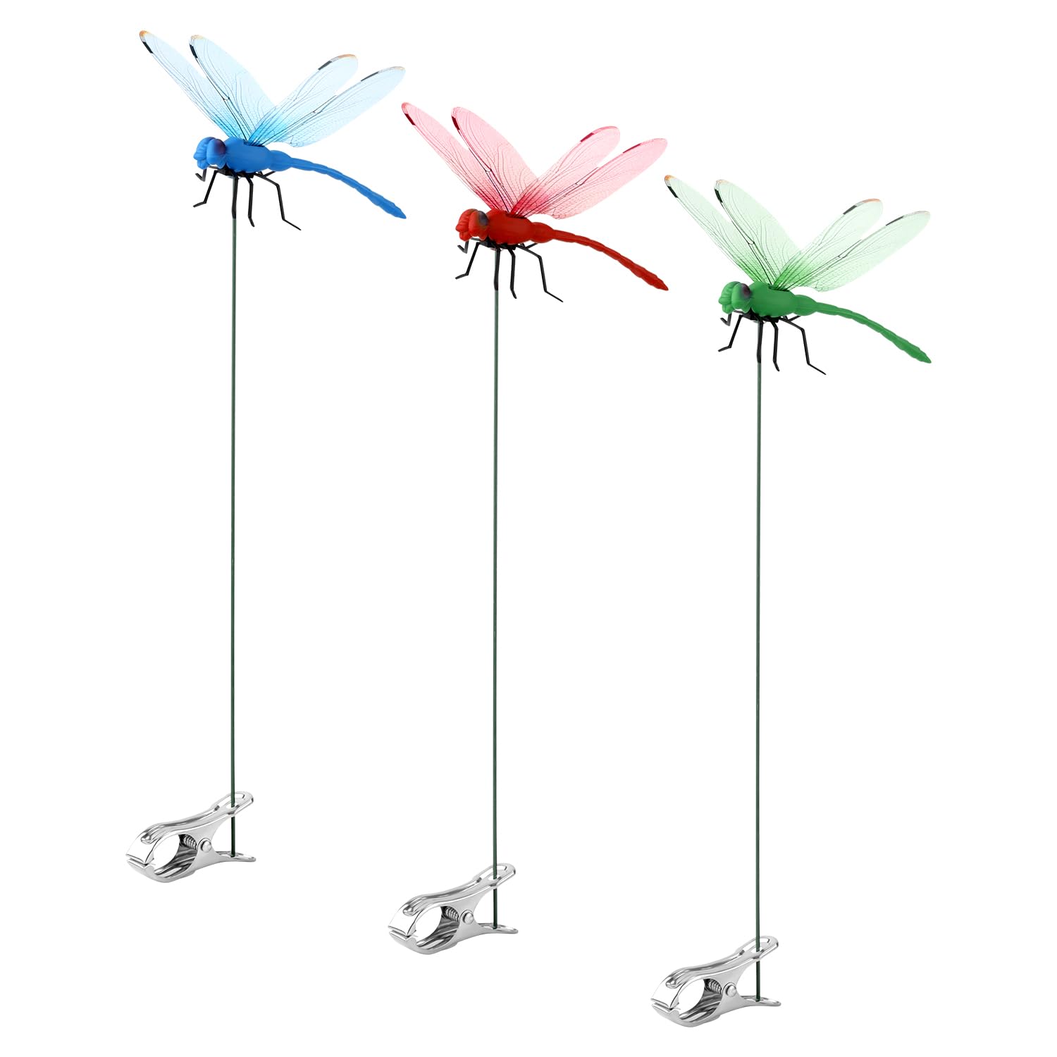 Lasuroa 3pcs Garden Dragonfly Clip Decoy, 3D Dragonfly Pole Clips, PVC & Plastic, Garden Sculpture, Blue, Green, Red