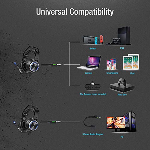 Gaming Headset Stereo Surround Sound 50MM Drivers Noise Reduction Gaming Headphones with Breathing RGB LED Light Adjustable Mic for PS4 PS5 Xbox One Switch PC Laptop Mac