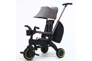 ANNA QUEEN Baby Tricycle,5 in 1 Compact Folding Toddler Bike w/Removable Push Handle,Foldable Tricycle,Rotatable Seat,Canopy,Safety Harness,Storage Hanging Bag,Trike for 1-3 Year Old,Tricycle for Toddlers (Gray)