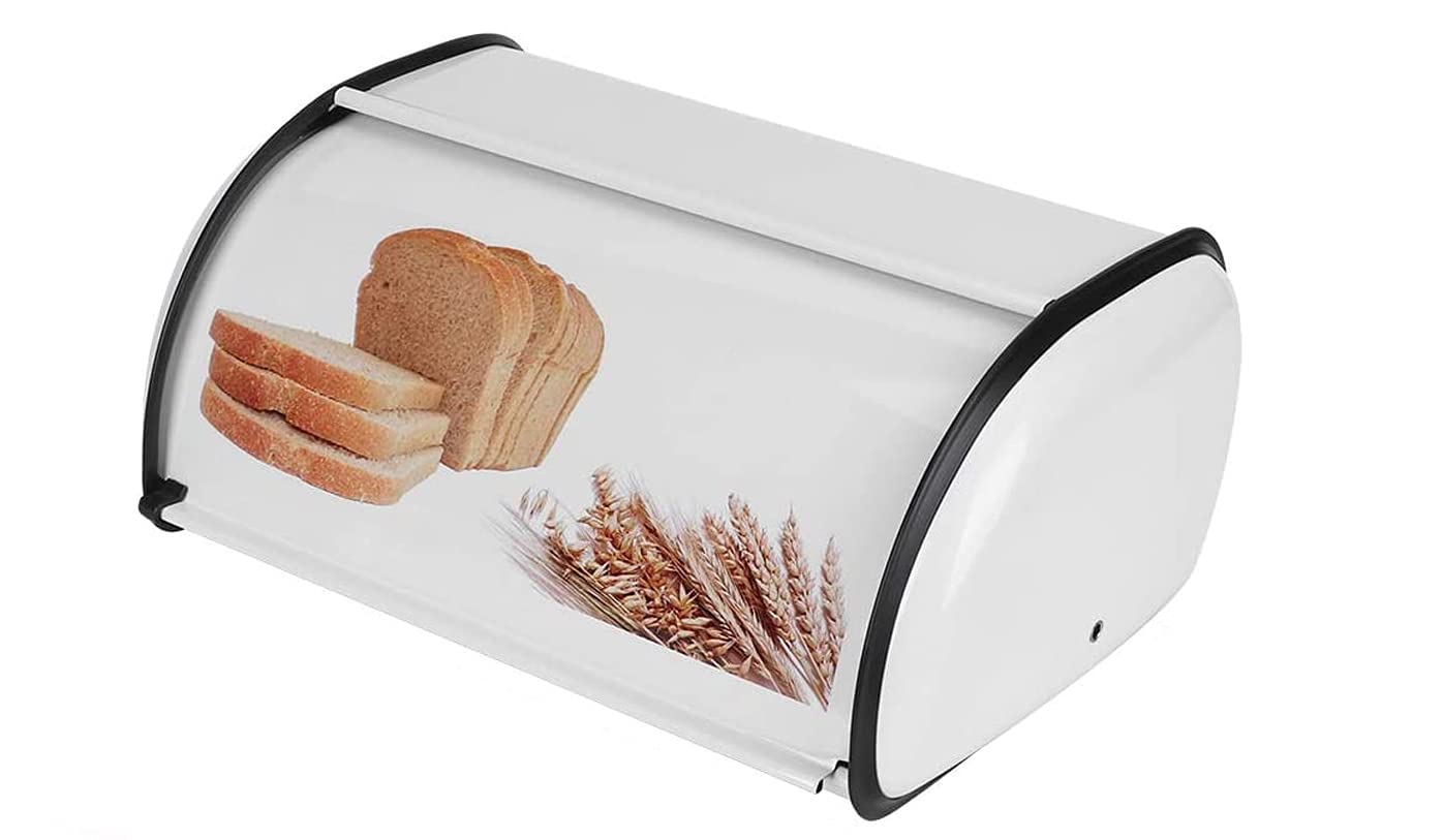 jiuzcare Compact Retro White Bread Bin, Vintage Style Reinforced Metal Bread Box with Smooth Roll Top Lid, Space-Saving Kitchen Counter Organizer for Standard Loaf, 34.5x23x14.5cm