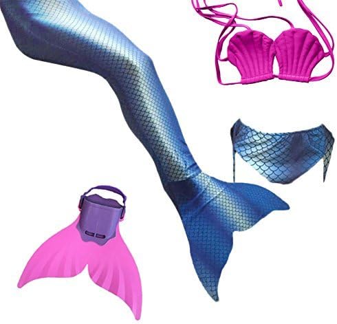 3Pcs Set Kids Girls Mermaid Tail Swimming Bikini Set Swimwear Mono Fin Swim Set (110(4~5Years),Rose Top+Panties+Blue Mermaid Tail+Monofin)