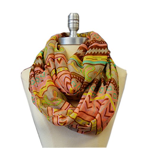Fashion Light Weight All Season Ancient Mixed Pattern Printed Infinity Scarf (Brown)