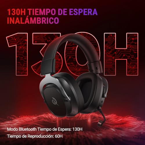 QCY Heroad VT200 Cascos Gaming Inalámbricos para PC/Ps5/Ps4/Switch/Mobile, 7.1 Sonido Envolvente, Auriculares Gaming con 2.4 GHz+Bluetooth 6.0, Duración 130H, Drivers 53mm, RGB -Plata Negro