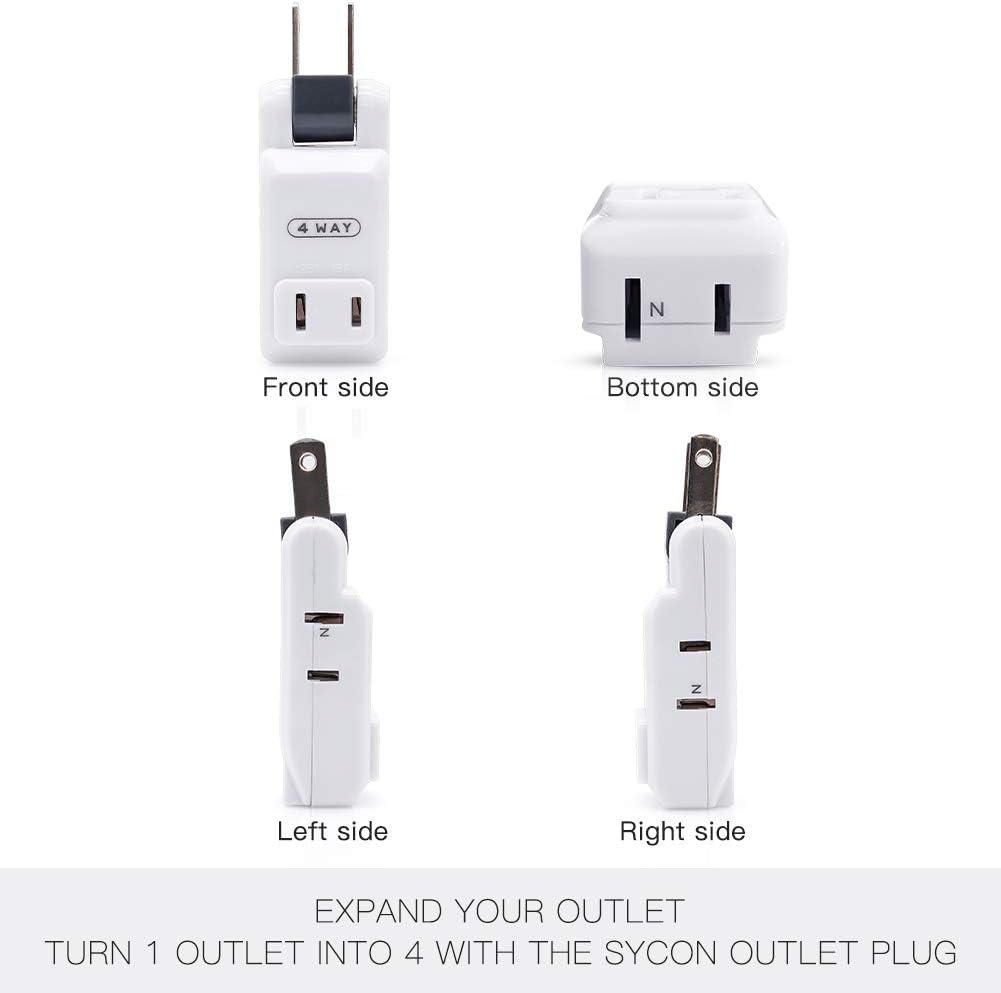 4 Outlet Wall Adapter, Sycon 2-Prong Swivel Ungrounded Indoor AC Mini Plug Wall Tap - White - - 