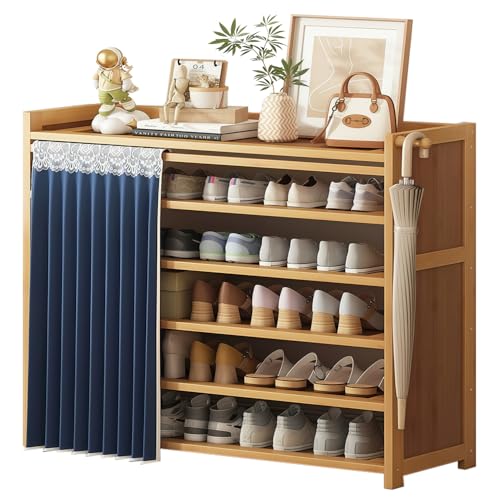 Zapatera Organizador, 6 Niveles 30 Pares de Armario de Almacenamiento de Zapatos, Zapatero con Cortinas, Zapatero de Bambú para Entrada, Vestíbulo y Pasillo