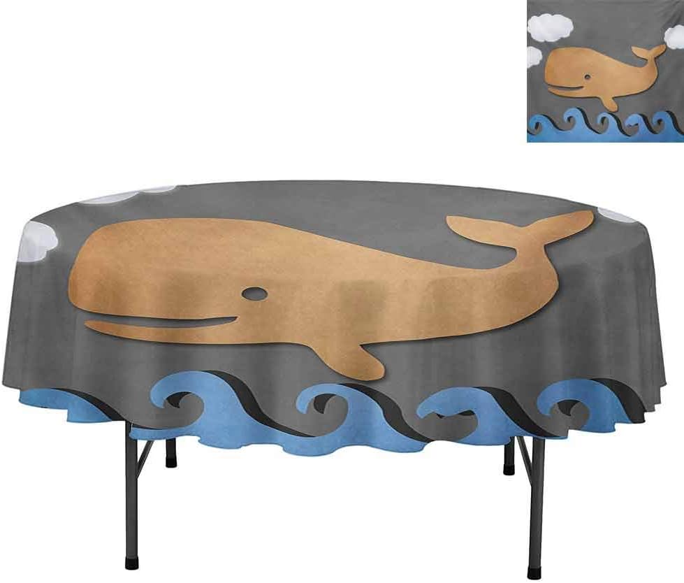 Aishare Store Water Resistant Spill Proof Tablecloths, Wooden Paper Like Designed Whale on The Air with Paper B, Tablecloth for Dinner Party Restaurant, Round 36", Grey Blue and Brown