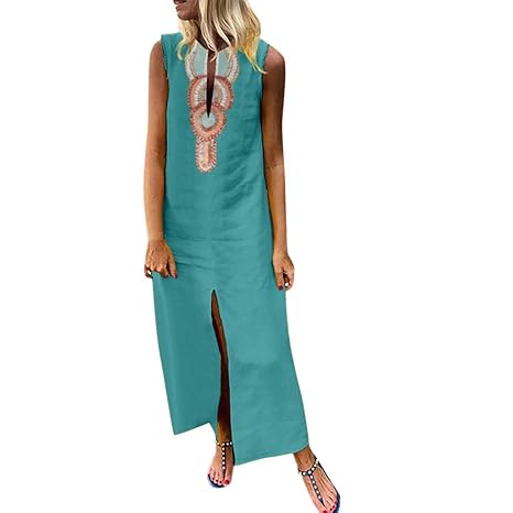 Leinenkleider Damen Lang Dasongff V-Ausschnitt Drucken Strandkleider Mit Seiten Schlitz