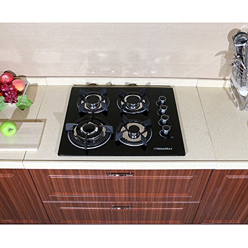 Windmax US Seller 24" 3.3KW Kitchen Glass Built-in 4 Burners Gas Hob Cooktop Cookware