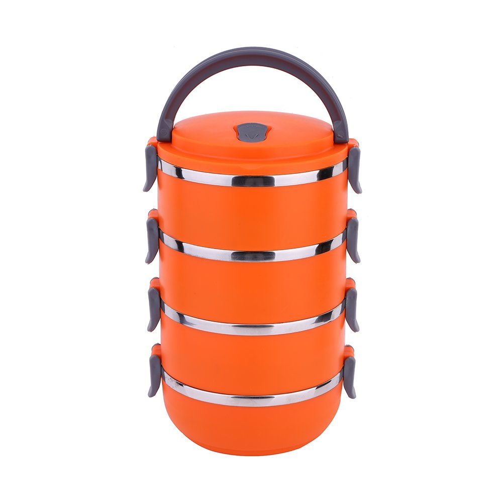 Yosoo portable insulated stainless steel lunch box, thermal and leak-proof with handle, Orange, 4 Layer